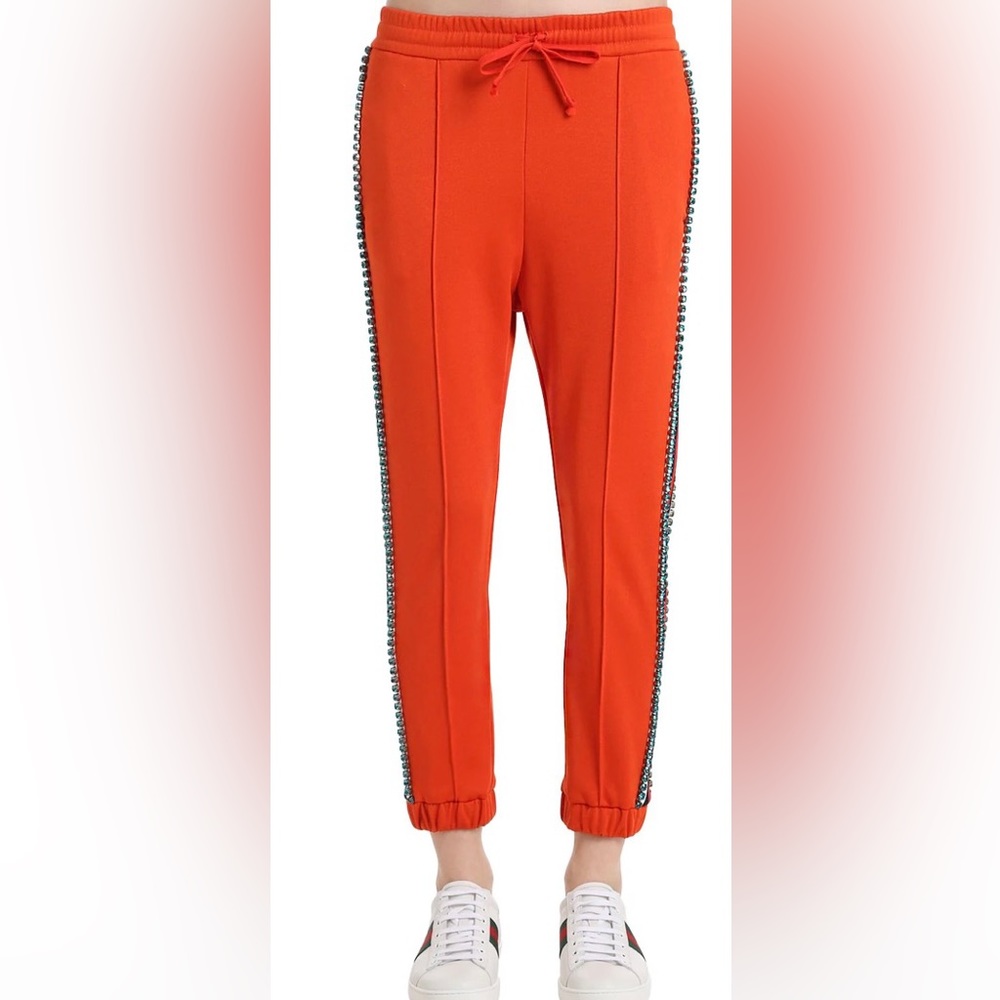 Gucci Women's Crystal Trousers Technical Jersey Jogger Orange Pants SZ L New